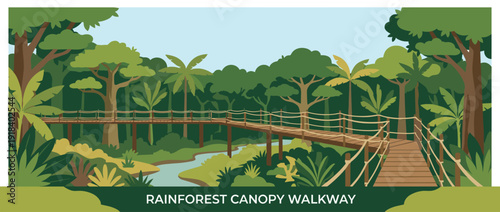 Flat vector illustration of a scenic rainforest canopy walkway featuring a wooden bridge with rope railings winding through a lush tropical jungle with green trees, palm leaves, and a river below.