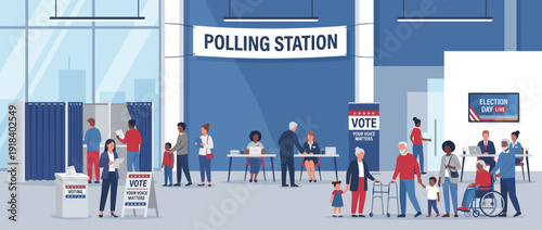 Modern polling station flat vector illustration with diverse citizens of all ages and abilities voting on election day, featuring wheelchair access, senior voters, and professional poll workers.
