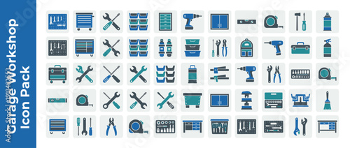Comprehensive Garage Workshop and Tool Organization Icon Pack. Flat Design Vector Icons Featuring Wrenches, Drills, Toolboxes, Workbenches, and Storage Bins in Corporate Blue and Teal Colors.