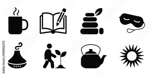 Self Care Icons, modern black silhouette vector illustrations of relaxation and daily wellness activities including reading, drinking tea, and mindful walking, isolated on white background, suitable f