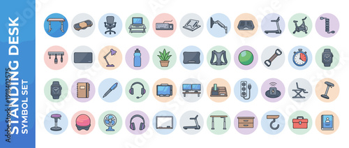 Comprehensive Set of 40 Standing Desk and Active Workspace Icons featuring Ergonomic Office Furniture, Fitness Equipment, and Productivity Tools in a Modern Flat Design with Smooth Gradients.