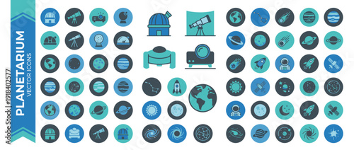 Comprehensive Set of 32 Planetarium and Celestial Body Vector Icons in Flat Design; Features Observatory, Telescope, Projector, Planets, Solar System, Stars, Rocket, Astronaut, and Space Elements