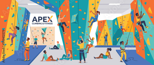 Flat vector illustration of a modern indoor rock climbing gym with diverse people climbing colorful walls, belaying, and resting. Features various wall sections, holds, and fitness center interior.