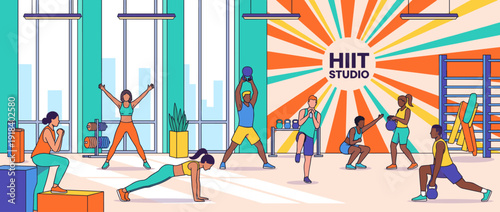 Vibrant flat vector illustration of a diverse group of people performing high-intensity interval training HIIT exercises in a modern fitness studio with kettlebells, lunges, and planks.
