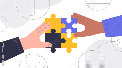 Diverse hands connect puzzle pieces symbolizing collaboration teamwork and unity with a modern minimalist aesthetic and geometric shapes high quality professional detailed elegant stylish clean crisp