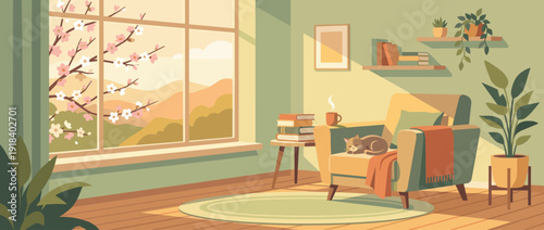 Cozy Spring Reading Nook Flat Vector Illustration with a Comfortable Armchair, Sleeping Cat, Books, and Steaming Mug by a Large Window Overlooking Blooming Cherry Blossoms and Scenic Hills.