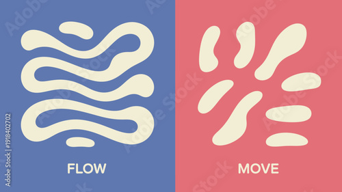 A vibrant modern graphic design features abstract flowing shapes in cream against a split background of blue and red high quality professional detailed elegant stylish clean