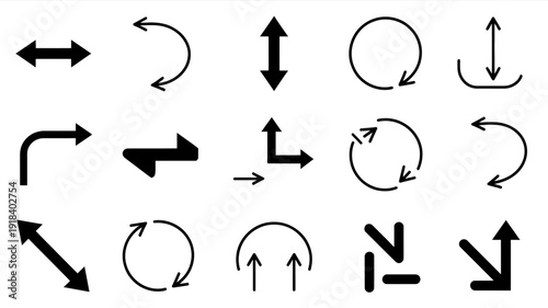 A collection of black arrows and circular diagrams illustrates various directions and rotational movements against a stark white background high quality professional detailed modern elegant stylish