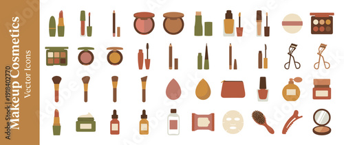 Vector Icon Set of 32 Makeup and Cosmetic Product Items in Flat Design Style with Warm Earthy Colors; Includes Lipstick, Eyeshadow, Brushes, Foundation, Mascara, Skincare, and Beauty Accessories.