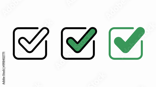 Three checkmark icons are displayed progressing from an outline to a filled solid green color suggesting completion high quality professional detailed modern elegant stylish clean crisp