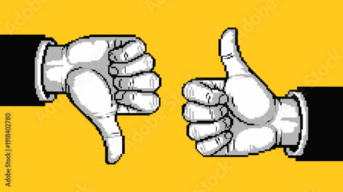 A stark visual comparison showcases two hands presenting opposing viewpoints a thumbs down and a thumbs up against a bright yellow backdrop high quality professional detailed
