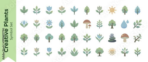 Set of 36 Creative Plant and Nature Icons Featuring Leaves, Flowers, Trees, Mushrooms, Sun, Water Drops, and Zen Stones in a Modern Flat Design with Smooth Subtle Gradients for Eco-Friendly Branding