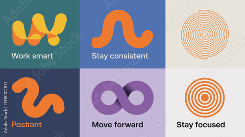 A colorful grid displays abstract designs paired with motivational phrases including work smart stay consistent and move forward high quality professional detailed modern elegant stylish clean
