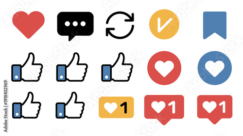 A collection of colorful social media icons depicts likes comments shares and thumbs up symbols in various styles and designs high quality professional detailed modern elegant