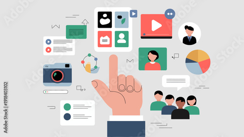 A colorful illustration depicts social media interaction showcasing icons like profiles cameras and charts with a hand pointing towards a portrait high quality professional detailed modern