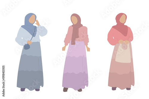 This high-quality flat-screen illustration presents a striking and stylish perspective on appropriate Muslim fashion in confident poses, highlighting the prominence of contemporary Islamic attire thro