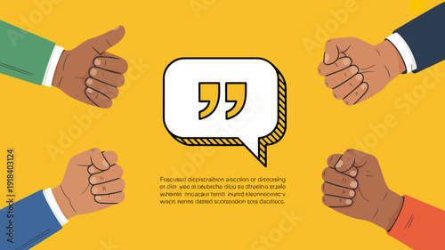 Four diverse hands display positive gestures thumbs up and clenched fists surrounding a speech bubble on a yellow backdrop high quality professional detailed modern elegant stylish