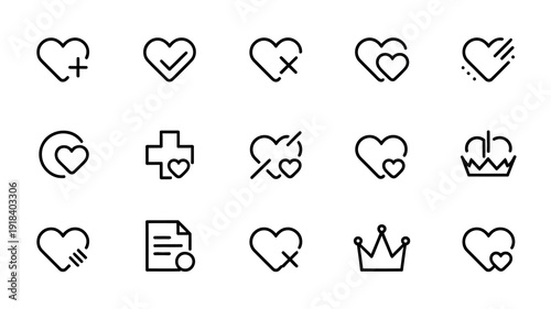 A collection of simple black outline icons depicting various heart designs and related symbols arranged in a grid pattern high quality professional detailed modern elegant stylish