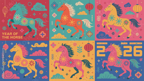 Traditional Chinese Year of the Horse illustrations in a modern paper-cut style