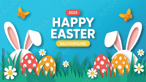 Festive and colorful digital illustration of an Easter background featuring paper cut bunny ears, decorative eggs, green grass, and cheerful butterflies
