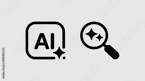 A minimalist graphic depicts artificial intelligence with a speech bubble and magnifying glass symbolizing ai powered search and innovation high quality professional detailed modern elegant stylish