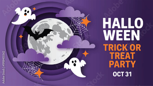 Festive minimalist cartoon illustration with spooky ghosts, flying bat, and full moon on a purple night sky, perfect for a Halloween trick or treat party invitation or banner design