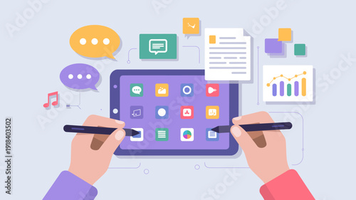 A flat design illustration depicts hands interacting with a tablet displaying various app icons surrounded by digital communication and data visualizations high quality professional detailed modern