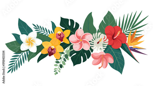 Vibrant Tropical Floral Arrangement Illustration with Exotic Flowers and Lush Green Leaves for Summer Decorations, Holiday Designs, and Botanical Graphic Elements