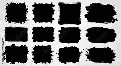 Ensemble de cadres noirs texturés, formes carrées et rectangulaires, style grunge, sur fond transparent.