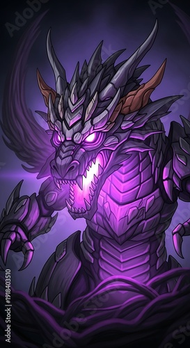 Fierce Armored Dragon with Glowing Purple Energy.
