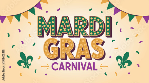 Vibrant Mardi Gras Carnival Banner with Festive Decorations and Fleur-de-lis Accents