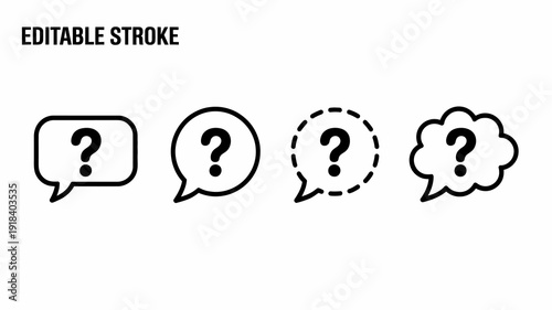 This image displays four distinct question mark icons encased within different speech bubble and cloud shapes in black lines high quality professional detailed modern elegant stylish