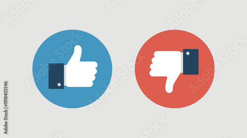 A simple graphic displays two circular icons a blue circle with a white thumbs up and a red circle featuring a white thumbs down high quality