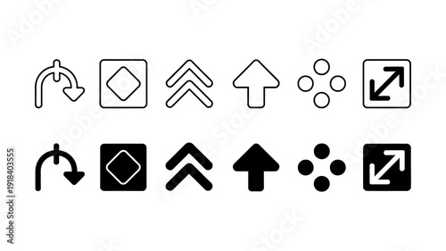 A collection of simple black and white vector icons representing various actions like moving expanding and connecting high quality professional detailed modern elegant stylish clean crisp