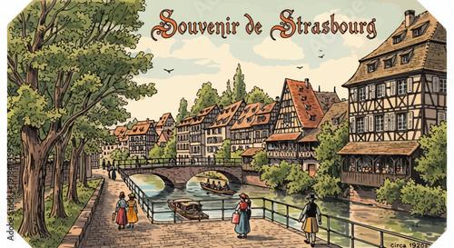 Carte postale ancienne de Strasbourg, France, montrant des maisons pittoresques et un canal avec des bateaux.