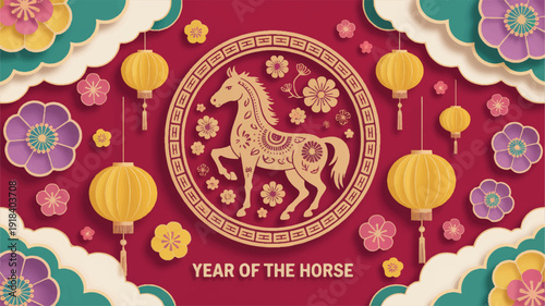 Festive Chinese New Year decoration with horse symbol and traditional lanterns, celebrating the Year of the Horse with auspicious patterns and clouds