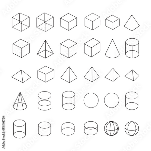 Geometric Shapes Grid: Isometric Line Art of Cubes, Pyramids, Cones, Cylinders and Spheres