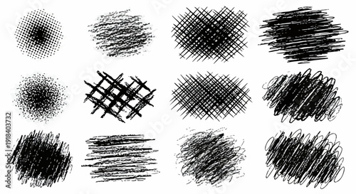 Collection of 12 black ink hand-drawn scribbled textures and graphic elements on white background.
