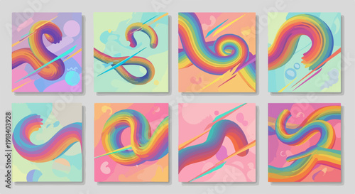 Ensemble de huit illustrations abstraites aux formes organiques arc-en-ciel et aux arrière-plans pastel.