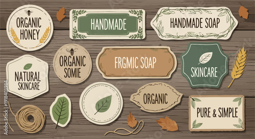 Ensemble d'étiquettes artisanales et biologiques pour miel, savon et soins de la peau sur fond en bois.