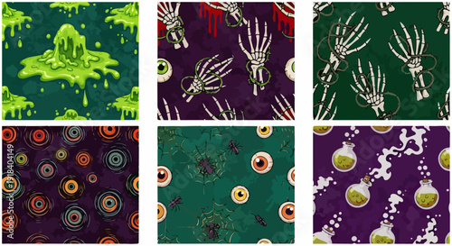 Motifs d'Halloween effrayants avec des fantômes, des yeux, des squelettes et des potions magiques.