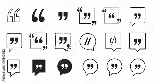 Diversité des icônes de guillemets et de bulles de dialogue, symbolisant la communication et les citations.