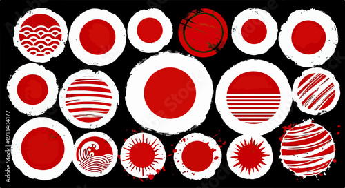 Collection d'icônes et d'éléments graphiques inspirés du drapeau japonais, soleil levant, motifs traditionnels.