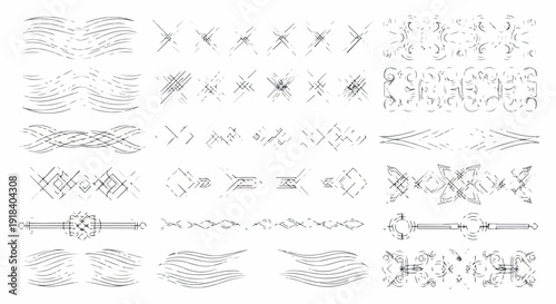 Ensemble de bordures et éléments décoratifs graphiques abstraits, dessinés à la main, style vintage.