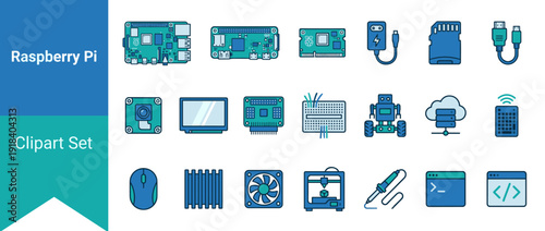 Comprehensive Vector Icon Set of 20 Raspberry Pi and Single Board Computer Items. Flat Design Icons for Electronics, Hardware, Programming, Robotics, 3D Printing, and DIY Maker Projects.