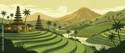 Flat vector illustration of traditional Balinese rice terraces with ancient Hindu temples, palm trees, lush green fields, winding river, and majestic volcanic mountains under a golden sunset.