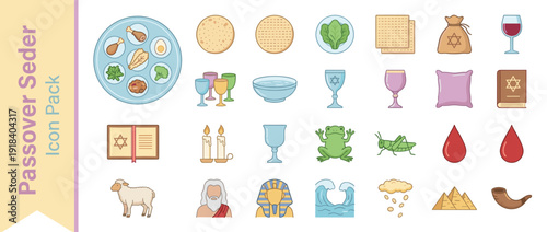 Passover Seder Icon Set with 32 Flat Design Symbols in Pastel Colors Featuring Seder Plate Matzah Wine Cups Haggadah Ten Plagues Moses Pharaoh Pyramids and Jewish Holiday Traditions Vector