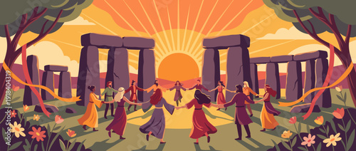 Flat vector illustration of people dancing in a circle at Stonehenge for a spring equinox celebration during a vibrant sunrise, ancient pagan ritual, nature festival, and solstice ceremony.