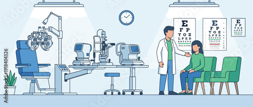 Flat Vector Illustration of a Modern Eye Clinic with Professional Optometrist and Patient, Featuring Advanced Diagnostic Equipment, Phoropter, Slit Lamp, and Snellen Eye Charts for Vision Care.