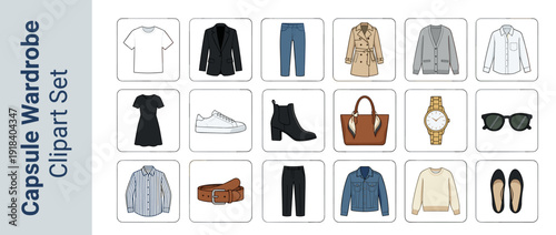 Capsule Wardrobe Clipart Set: Minimalist Fashion Essentials Vector Icons Featuring Clothing, Shoes, and Accessories like Blazer, Trench Coat, Jeans, Sneakers, and Tote Bag for Style Planning.